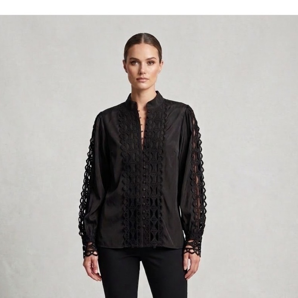 Boston Proper Black Crochet Lace Cutout Button Up Blouse Mock Neck Preppy Top L
